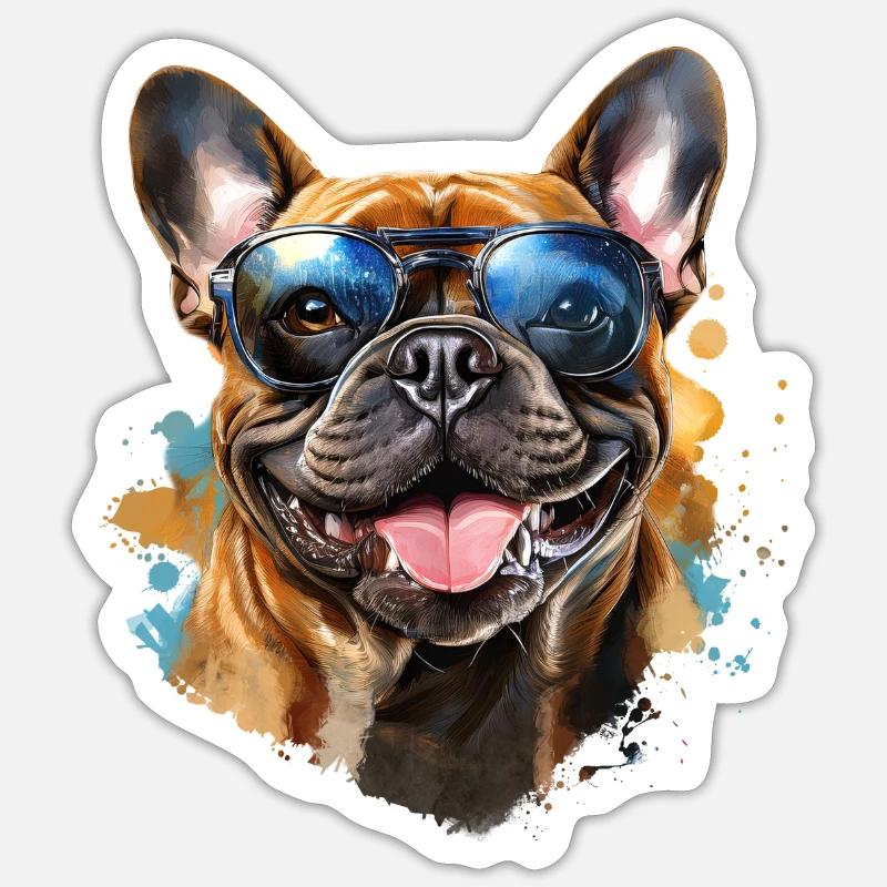 Frenchie avec lunettes de soleil - Sticker taille S (10 x 10 cm) - blanc mat