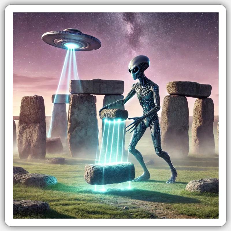 Alien construit Stonehenge - Sticker taille S (10 x 10 cm) - blanc mat