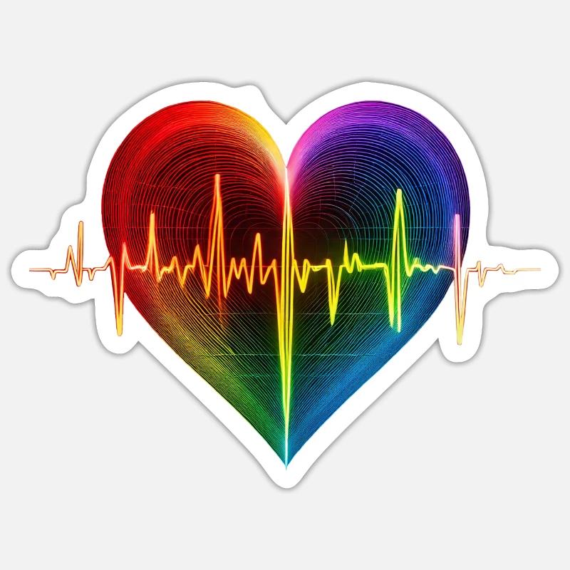 EKG Regenbogenfarben mit Herz - Sticker Größe S (10 x 10 cm) - Mattweiß