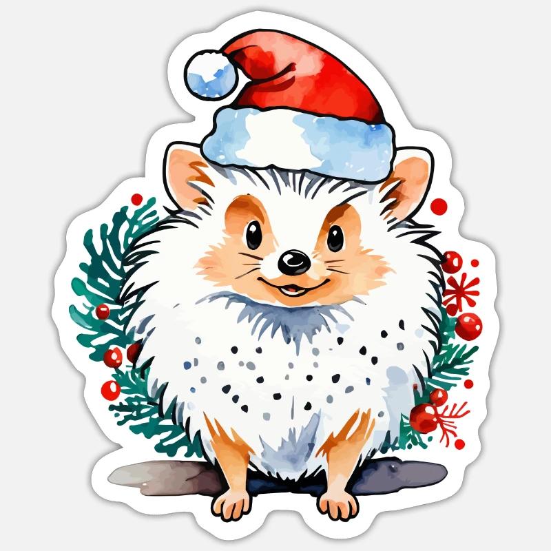 Dessin de Noël hérisson - Sticker taille S (10 x 10 cm) - blanc mat