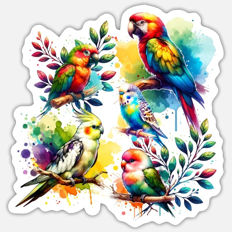 Divers oiseaux perroquets - Sticker taille S (10 x 10 cm) - blanc mat