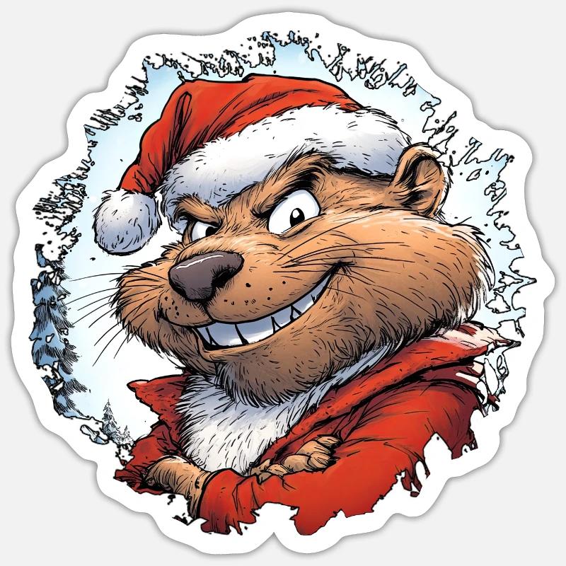 Noël du castor - Sticker taille S (10 x 10 cm) - blanc mat