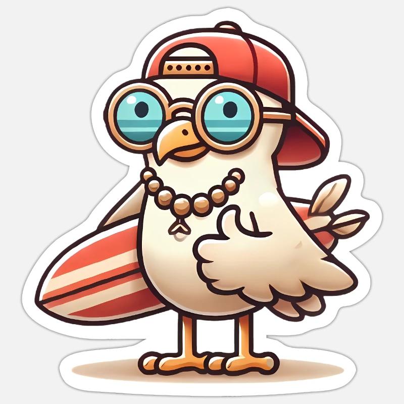 Cool Beach Seagull with Surfboard - Sticker size S (10 x 10 cm) - white matte