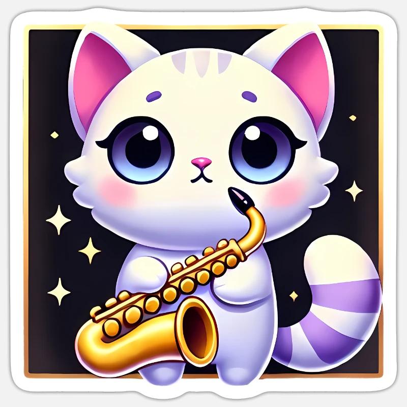 Conception de dessin animé de chat de saxophone mignon Sticker taille S (10 x 10 cm)