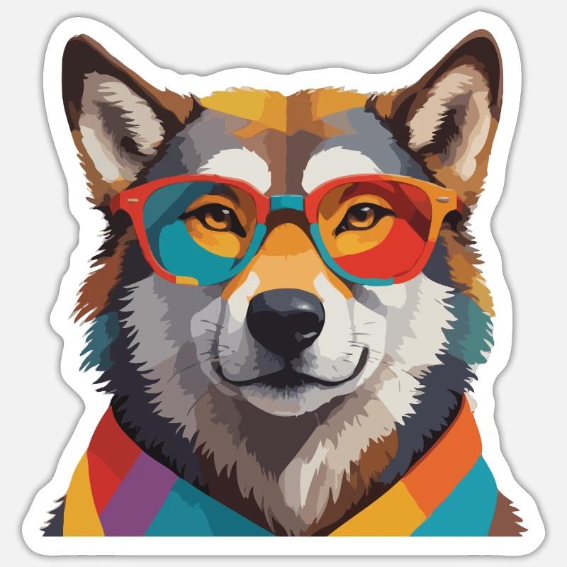 Wolf Cool mit Brille Bunt - Sticker Größe S (10 x 10 cm) - Mattweiß