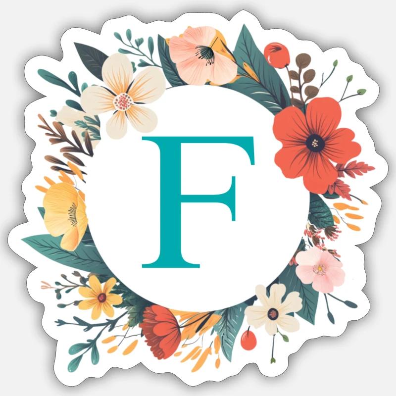 F Monogram, Flower Wreath, Personalizable - Sticker size S (10 x 10 cm) - white matte
