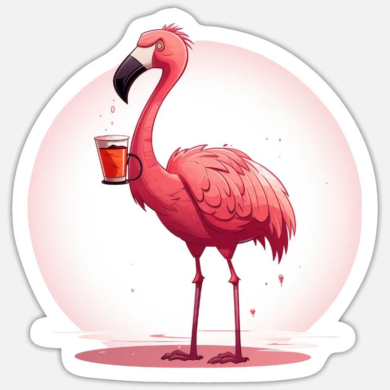 Flamingo drikker kaffe - Sticker størrelse S (10 x 10 cm) - mat hvid