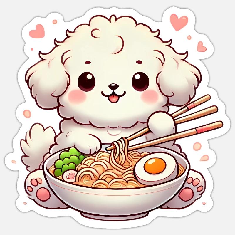 adorable chiot mangeant des ramen, illustration - Sticker taille S (10 x 10 cm) - blanc mat