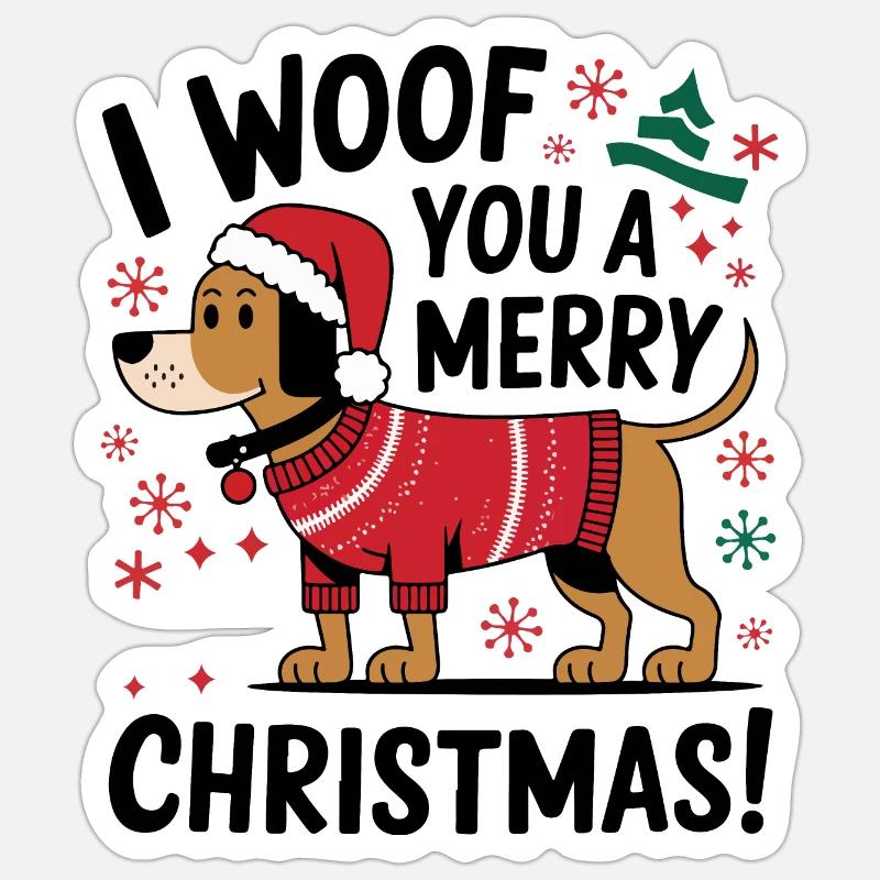 Chien festif en pull de Noël - Sticker taille S (10 x 10 cm) - blanc mat