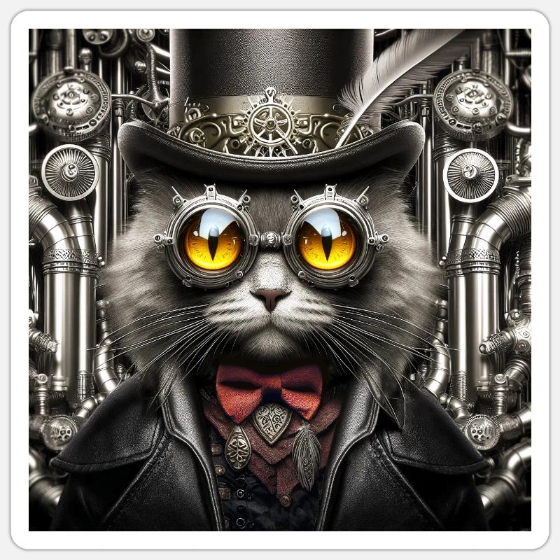 Chat Steampunk - Sticker taille S (10 x 10 cm) - blanc mat