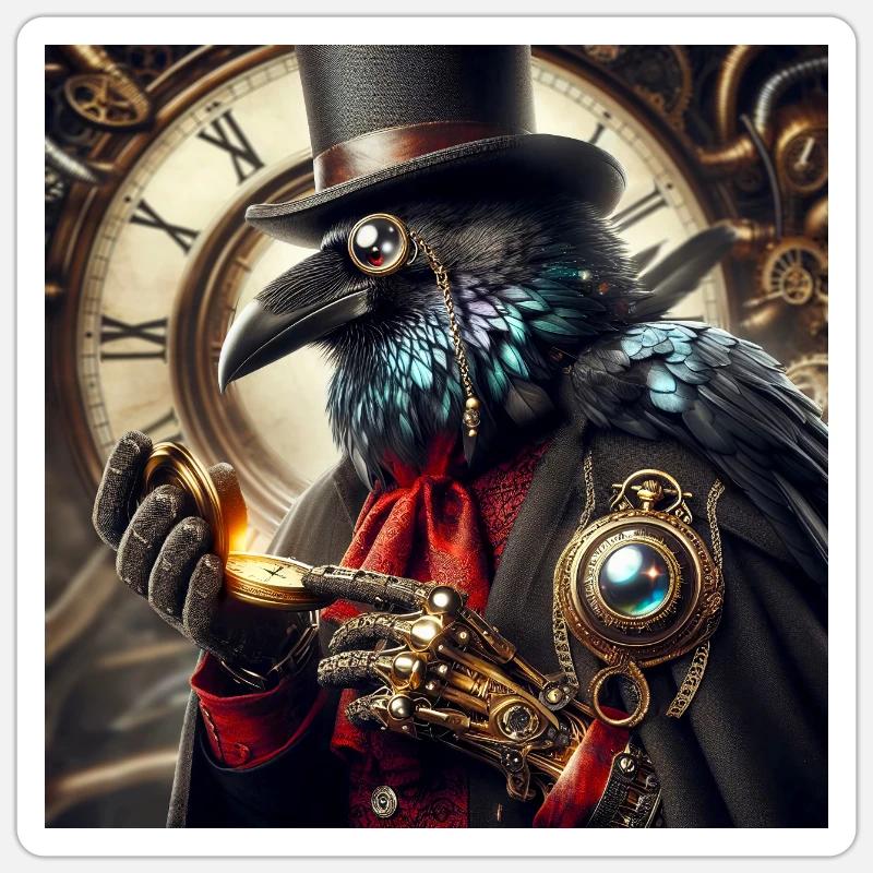 Corbeau Steampunk Élégant à Chapeau Haut de Forme - Sticker taille S (10 x 10 cm) - blanc mat