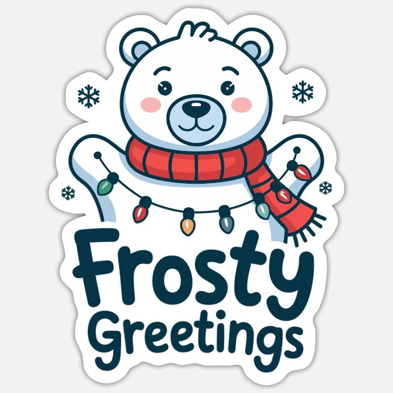 Frostige Grüße – Eisbär mit Lichterkette - Sticker Größe S (10 x 10 cm) - Mattweiß