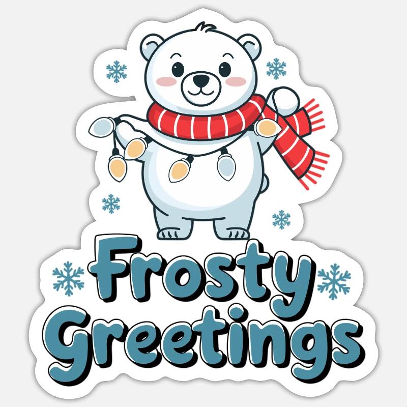 Frostige Grüße – Eisbär mit Lichterkette - Sticker Größe S (10 x 10 cm) - Mattweiß