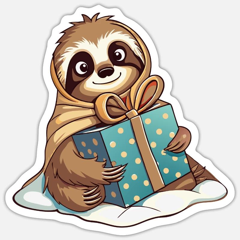 Cute sloth unwrapping gift - Sticker size S (10 x 10 cm) - white matte