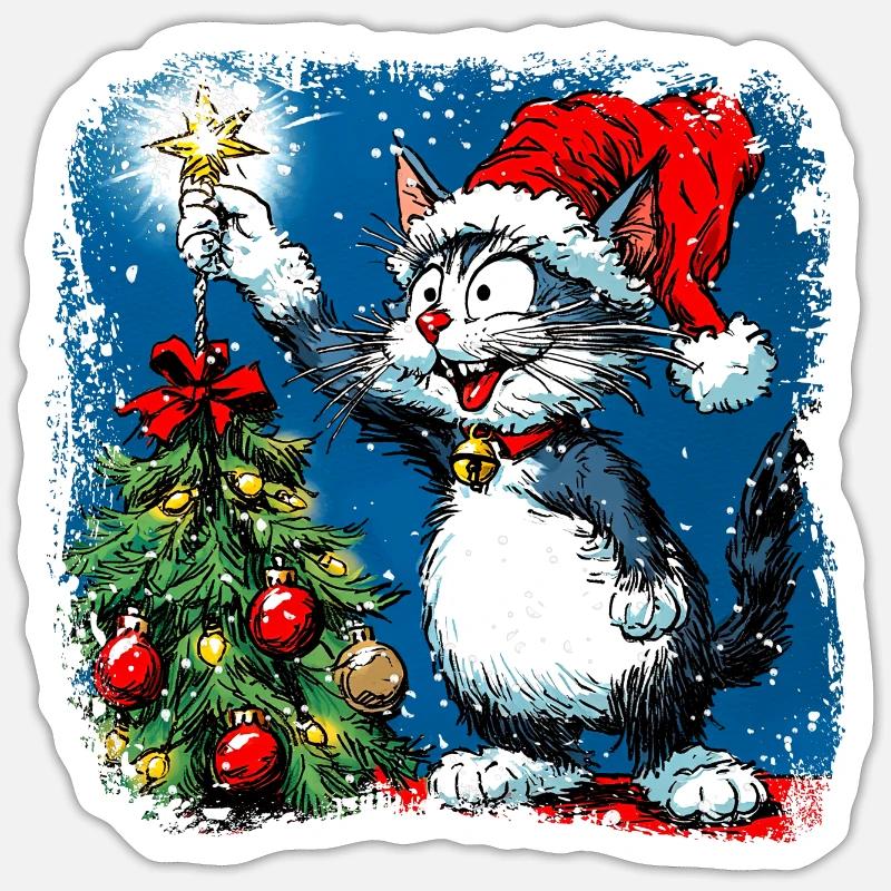 Noël chat - Sticker taille S (10 x 10 cm) - blanc mat