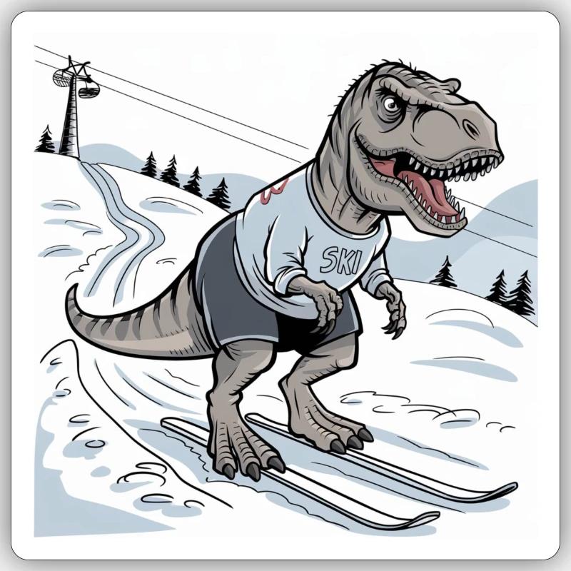 Ski-Rex, T-Rex - Sticker Größe S (10 x 10 cm) - Mattweiß