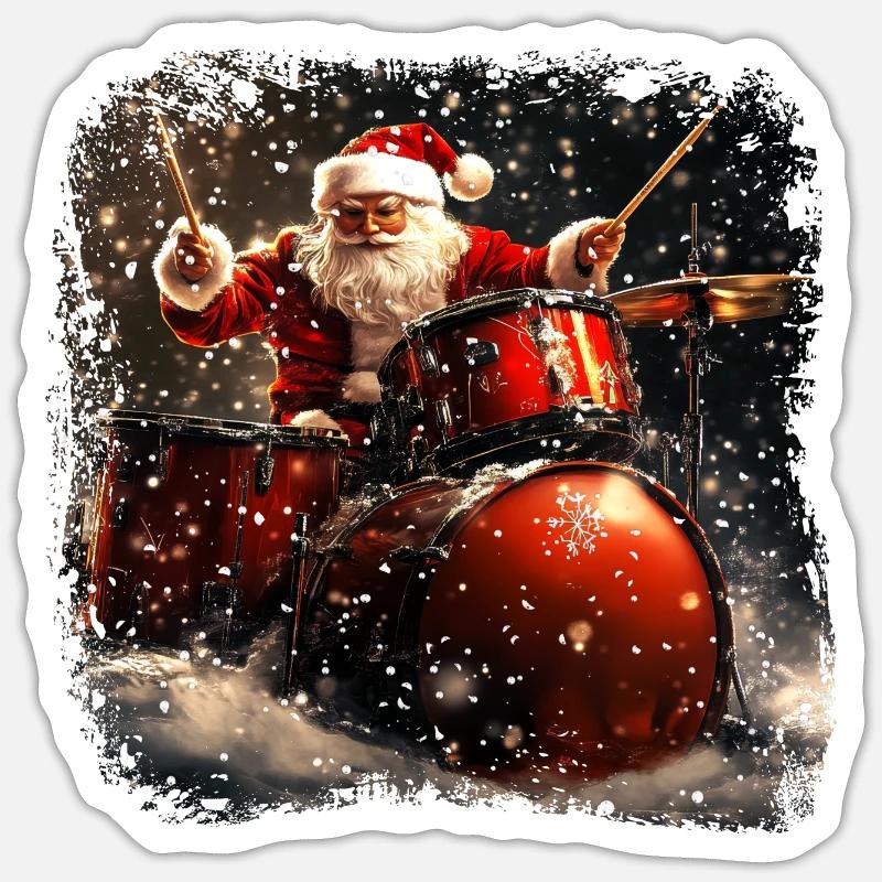 Père Noël Batteur - Sticker taille S (10 x 10 cm) - blanc mat