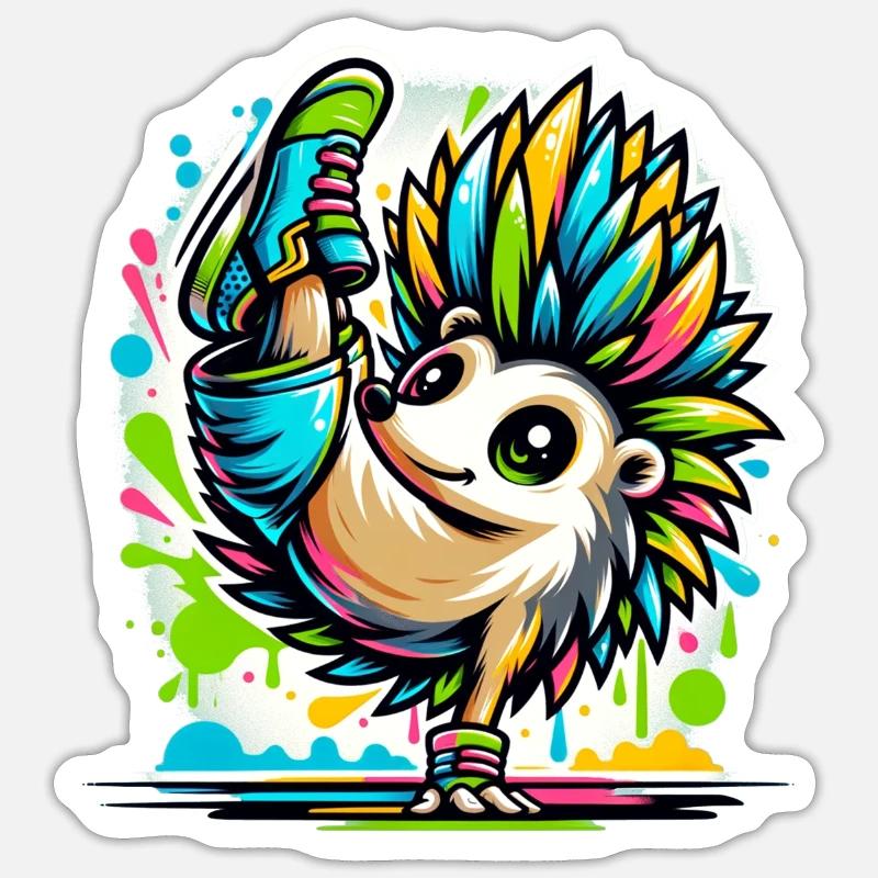 Hérisson Cool Breakdance Danse - Sticker taille S (10 x 10 cm) - blanc mat