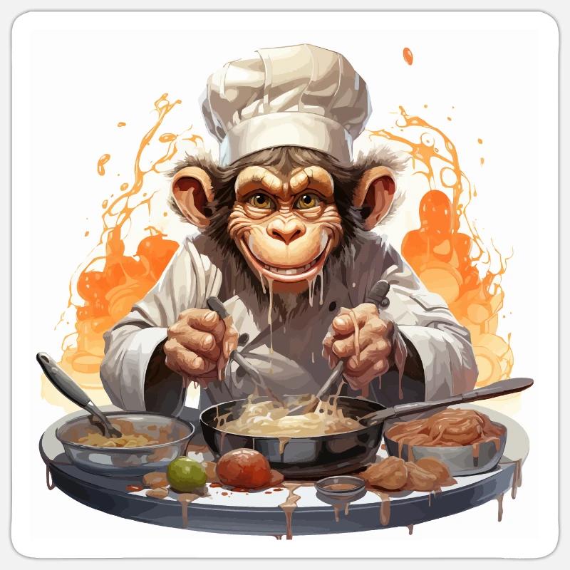 Le chimpanzé culinaire - Sticker taille S (10 x 10 cm) - blanc mat
