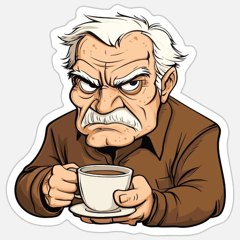 Fieser Rentner mit Kaffee - Sticker Größe S (10 x 10 cm) - Mattweiß