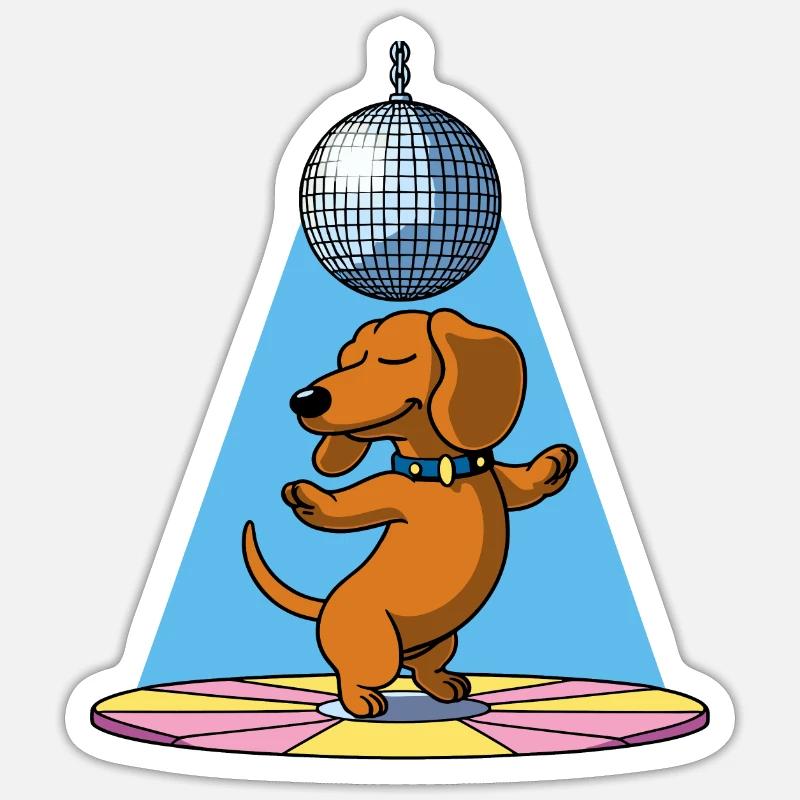 chien teckel boule disco danse danse dans une soirée disco Sticker taille S (10 x 10 cm)