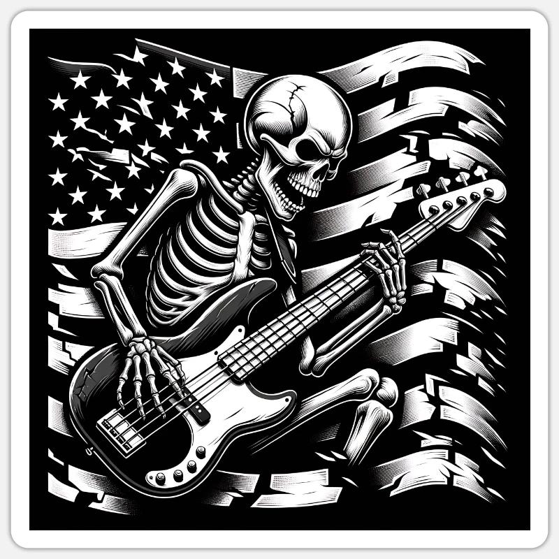 Un squelette de crâne joue de la basse devant le drapeau des États-Unis Sticker taille S (10 x 10 cm)