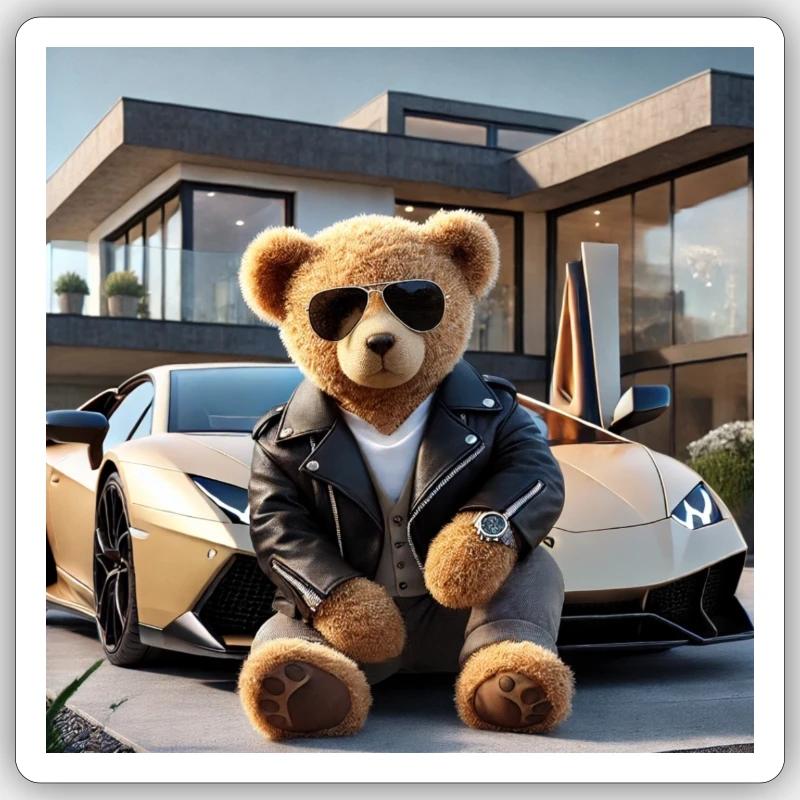 Teddybär vor einem Auto und einer Villa Sticker Größe S (10 x 10 cm)
