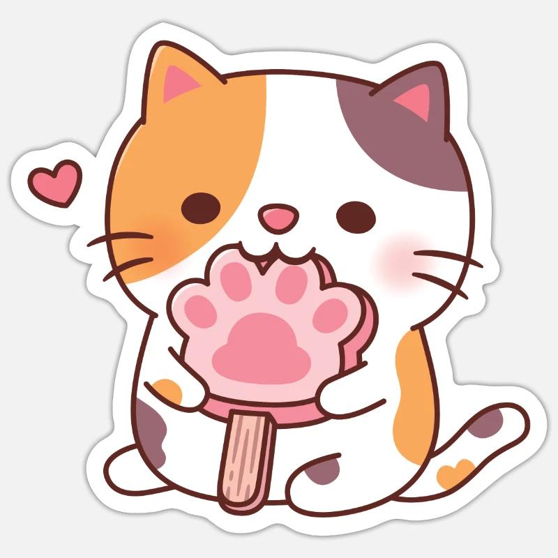 Chat calicot mignon mangeant de la glace à la patte de chat - Sticker taille S (10 x 10 cm) - blanc mat