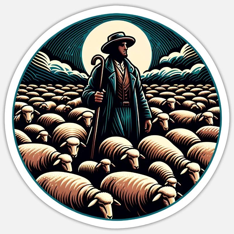 Schäfer und Schafherde - Sticker Größe S (10 x 10 cm) - Mattweiß