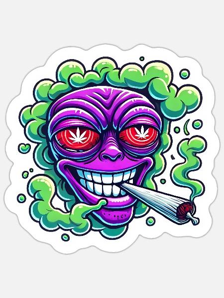 Alien Rauchkopf Cartoon Aufkleber - Sticker Größe S (10 x 10 cm) - Mattweiß