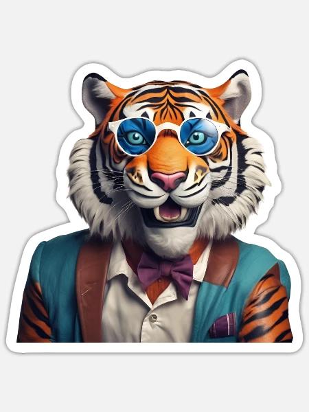 Anspruchsvoller Tiger mit blauer Sonnenbrille - Sticker Größe S (10 x 10 cm) - Mattweiß