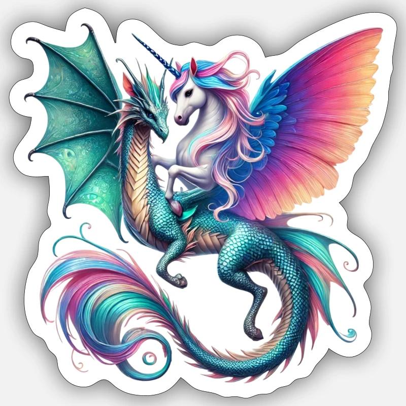 Regenbogen Drachen EInhorn Fusion - Sticker Größe S (10 x 10 cm) - Mattweiß