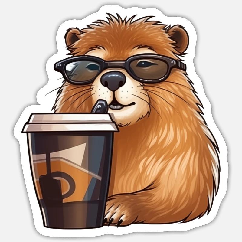 Capibara boit du café - Sticker taille S (10 x 10 cm) - blanc mat
