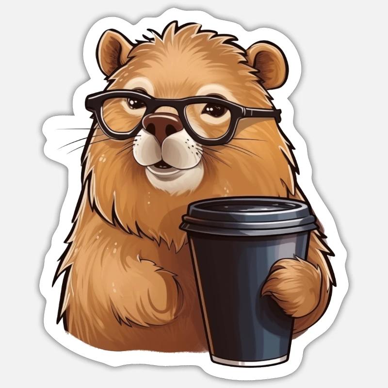 Capibara boit du café - Sticker taille S (10 x 10 cm) - blanc mat