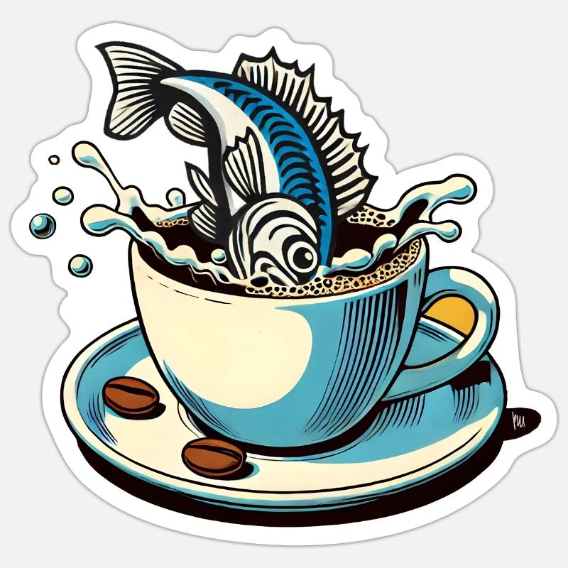 Le poisson café - Sticker taille S (10 x 10 cm) - blanc mat