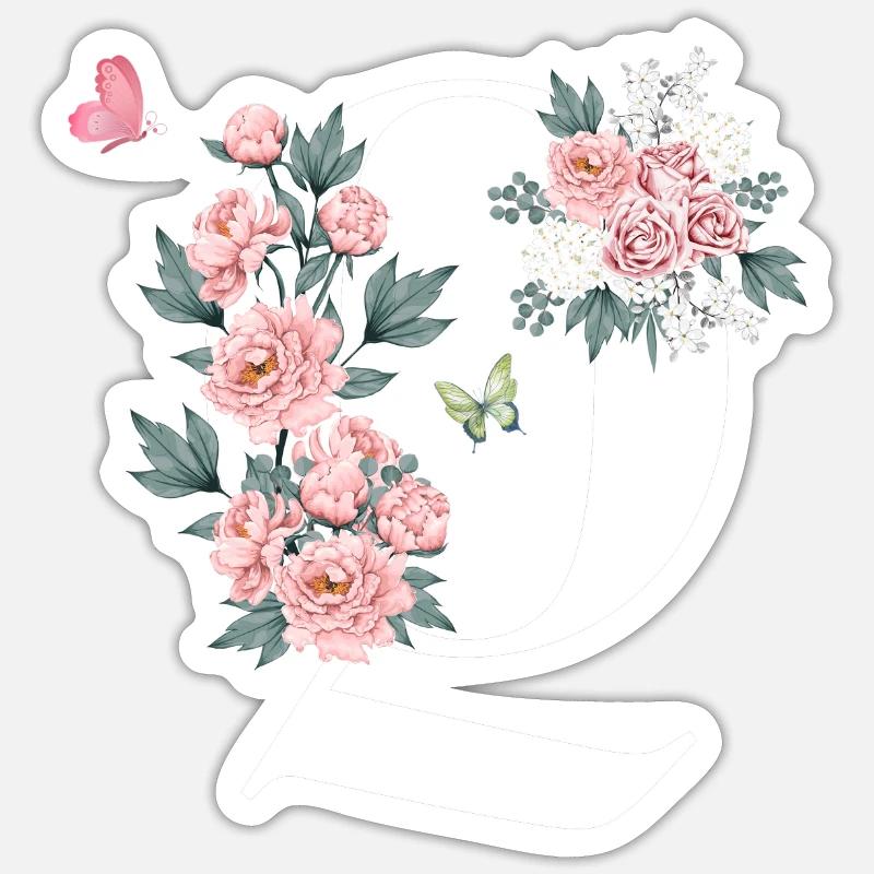 Buchstabe q rosa Blumen - Sticker Größe S (10 x 10 cm) - Mattweiß