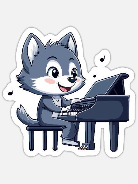 Wolf Pianist Piano - Sticker Größe S (10 x 10 cm) - Mattweiß