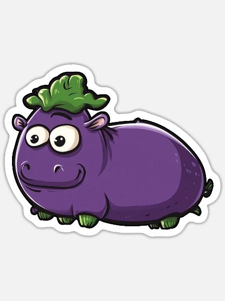 Nilpferd Aubergine Lustiges Tier und Gemüse Motiv - Sticker Größe S (10 x 10 cm) - Mattweiß
