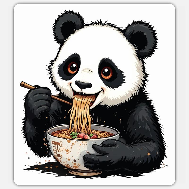 Panda mignon mangeant des nouilles - Sticker taille S (10 x 10 cm) - blanc mat