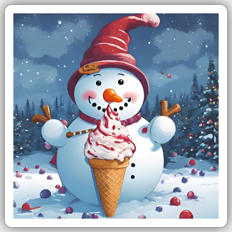 Schneemann mit Eis - Sticker Größe S (10 x 10 cm) - Mattweiß