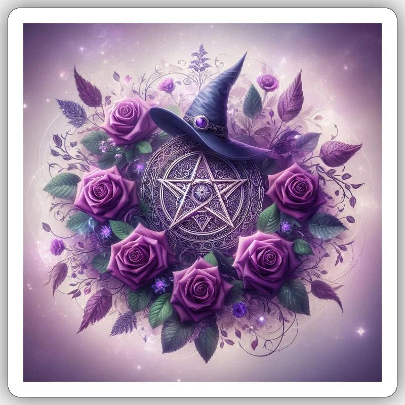  Pentagramm mit Hexen Hut Lila - Sticker Größe S (10 x 10 cm) - Mattweiß
