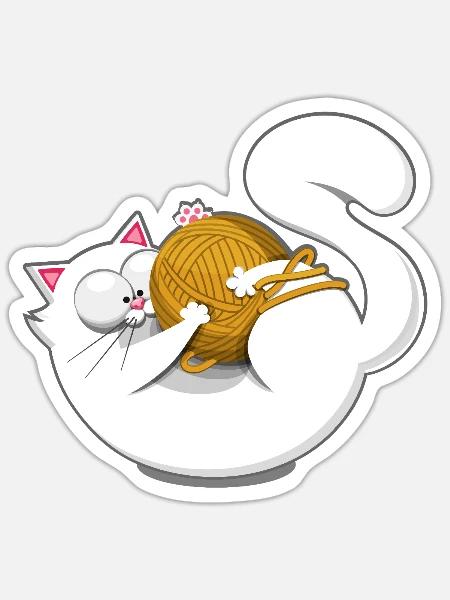 Niedliche Katze Humor Comic Cartoon Yarn Ball - Sticker Größe S (10 x 10 cm) - Mattweiß
