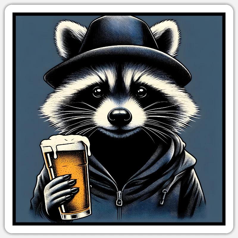 Waschbär mit Bier - Sticker Größe S (10 x 10 cm) - Mattweiß