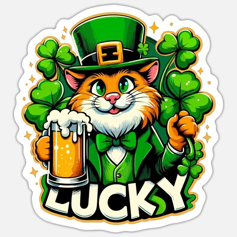 Saint-Patrick Leprechaun Cat Happy - Sticker taille S (10 x 10 cm) - blanc mat