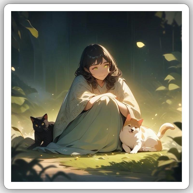 Mädchen mit Hund und Katze - Sticker Größe S (10 x 10 cm) - Mattweiß