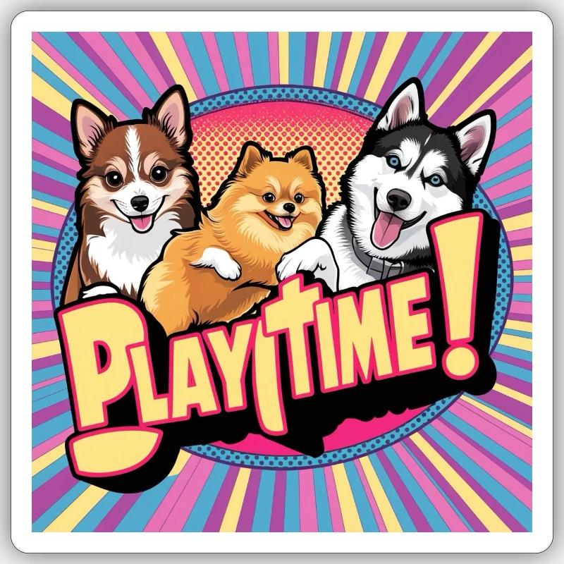 Comic Dogs - Playtime - Sticker Größe S (10 x 10 cm) - Mattweiß