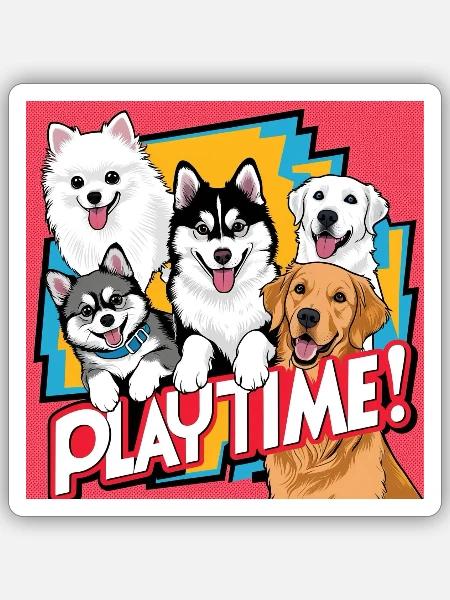 Playtime - Golden Retriever , Husky , Pomeranian - Sticker Größe S (10 x 10 cm) - Mattweiß