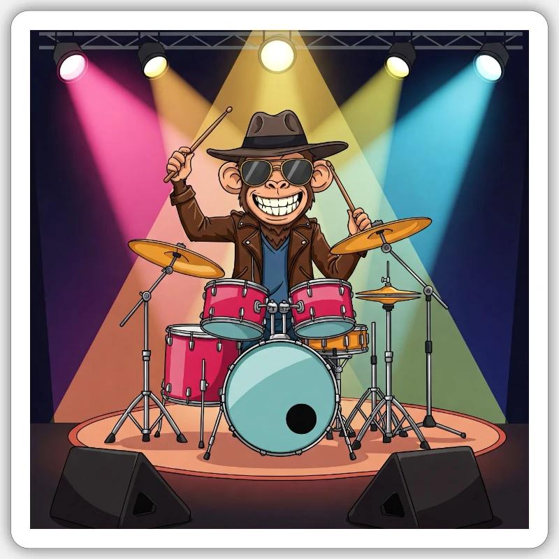 Funny monkey on drums - Sticker size S (10 x 10 cm) - white matte