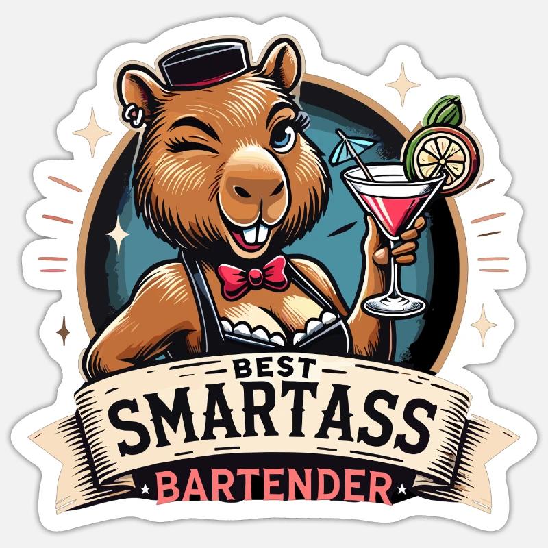 Barman Barmaid Capybara Capy Gift - Sticker taille S (10 x 10 cm) - blanc mat