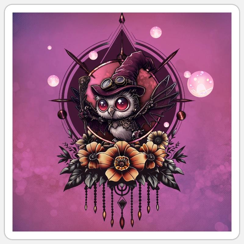 Die Steampunk-Eule: Hüter der Geheimnisse. - Sticker Größe S (10 x 10 cm) - Mattweiß